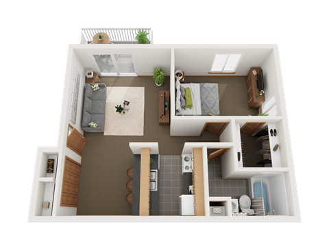 Floor plan for 1 bed, 1 bath, 591 sqft
